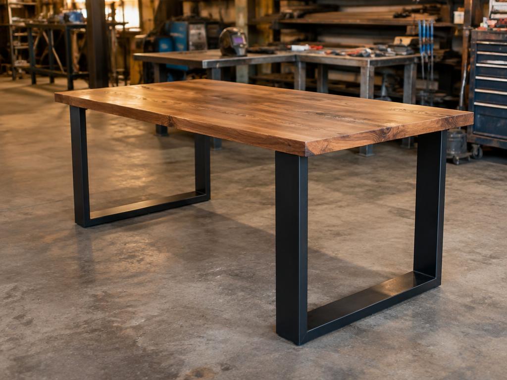 Mesa de jantar com estrutura metálica fabricada em serralharia